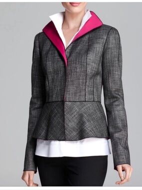 Lafayette 148 New York Amanda Peplum Blazer Jacket textured gray pink Sz 14